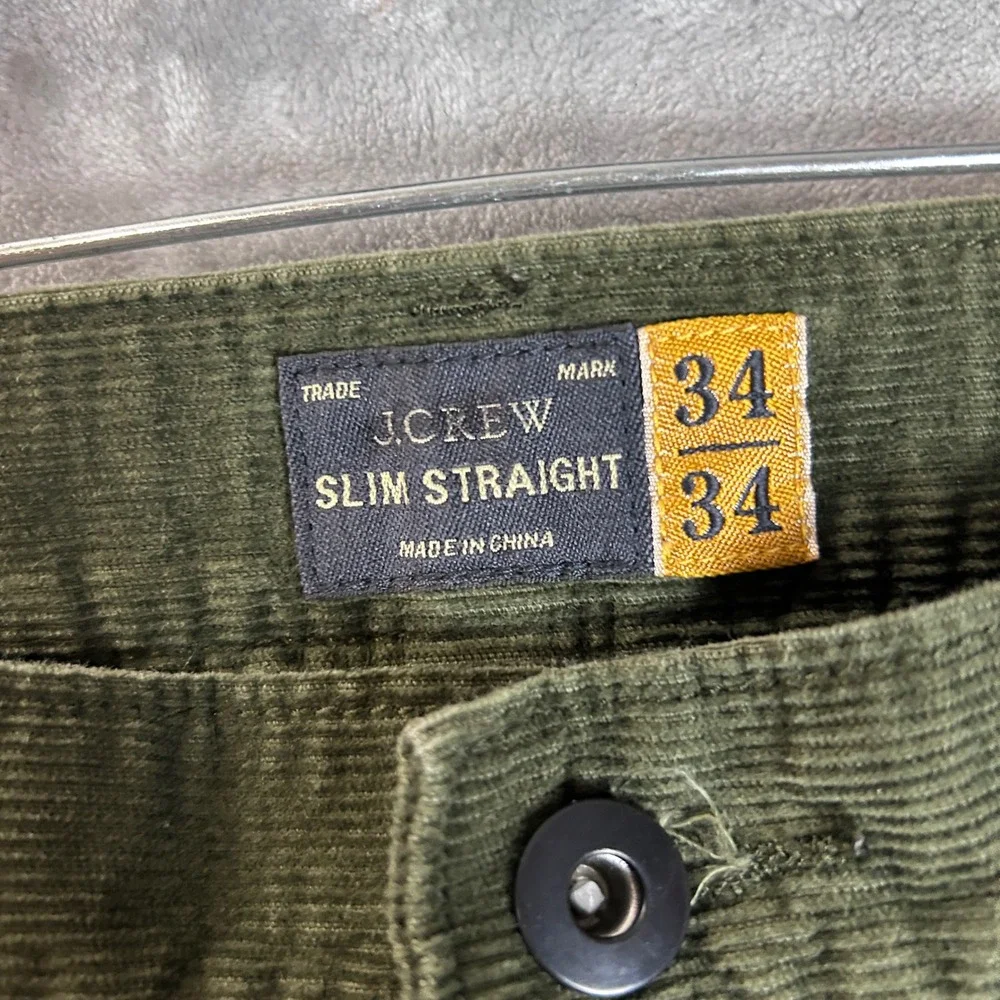 J.Crew Mens Slim Straight Corduroy Pants Olive Green 34x34 5-Pocket Casual